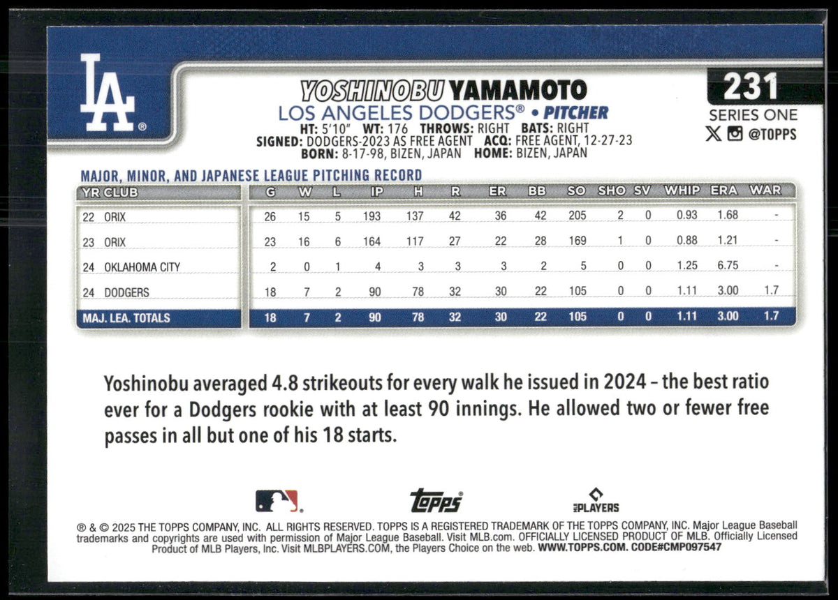 2025 Topps #231 Yoshinobu Yamamoto
