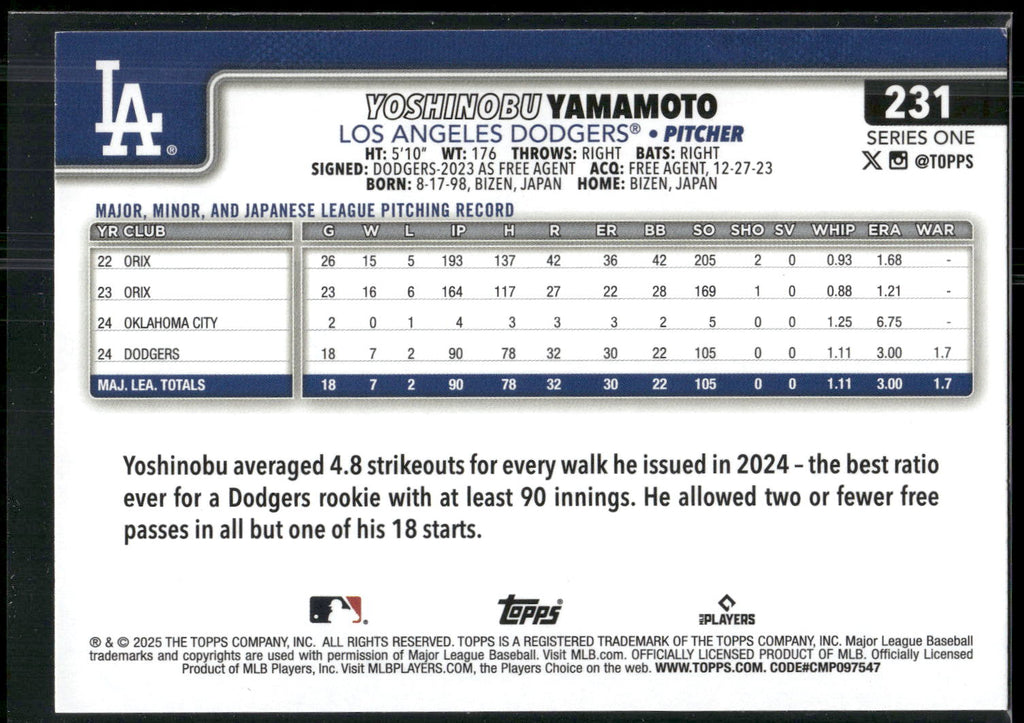 2025 Topps #231 Yoshinobu Yamamoto