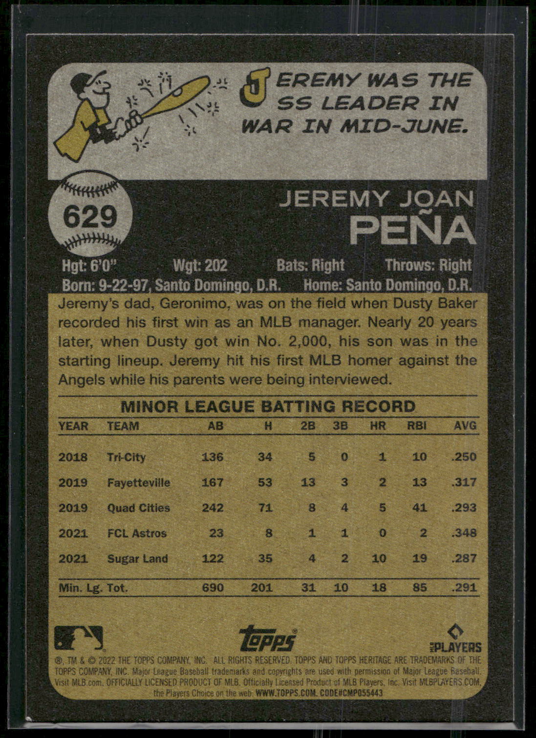 2022 Topps Heritage #629 Jeremy Peña