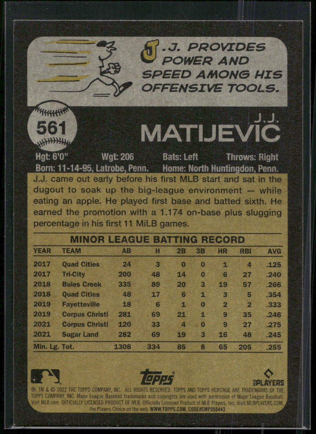 2022 Topps Heritage #561 J.J. Matijevic
