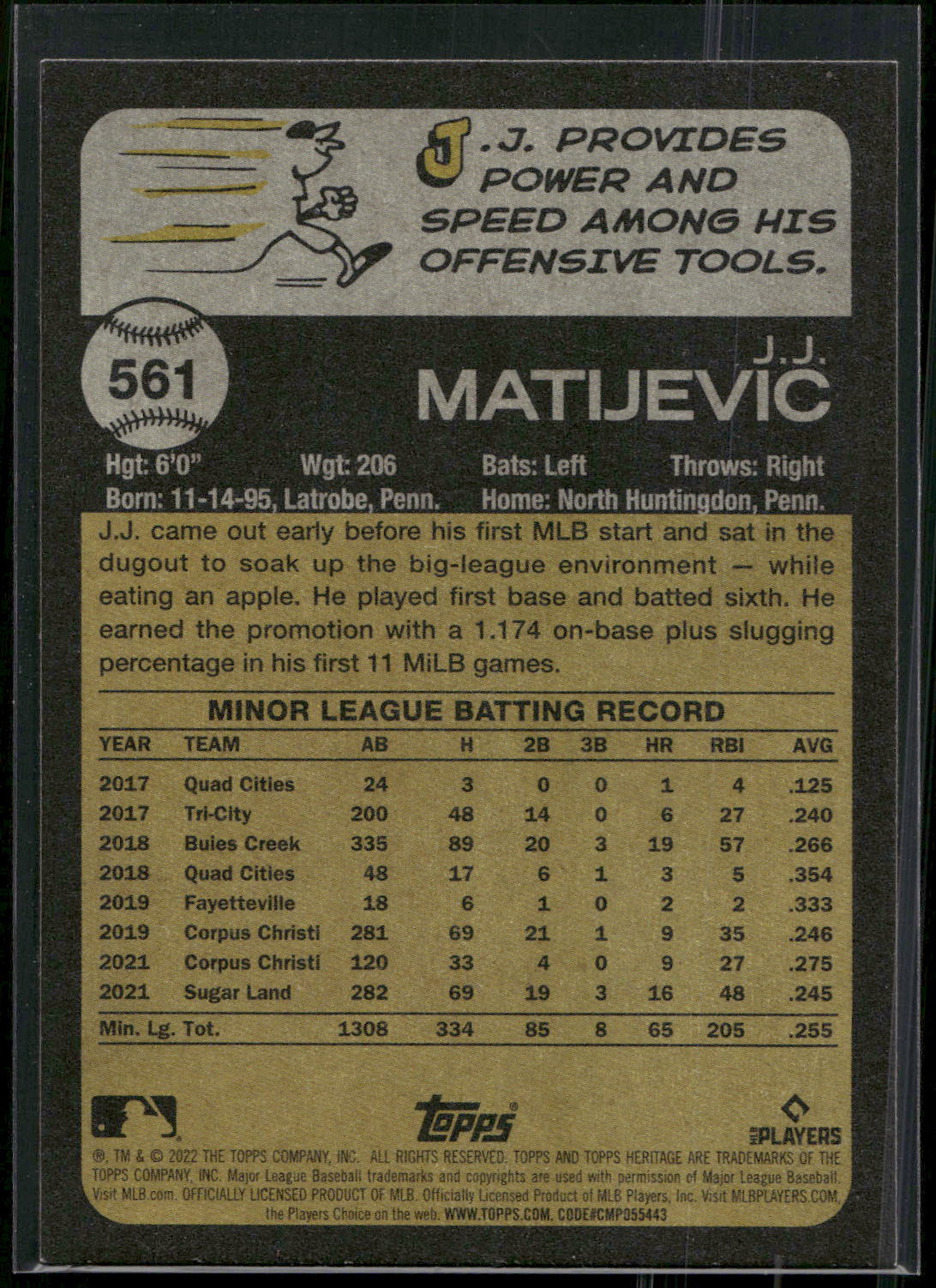 2022 Topps Heritage #561 J.J. Matijevic