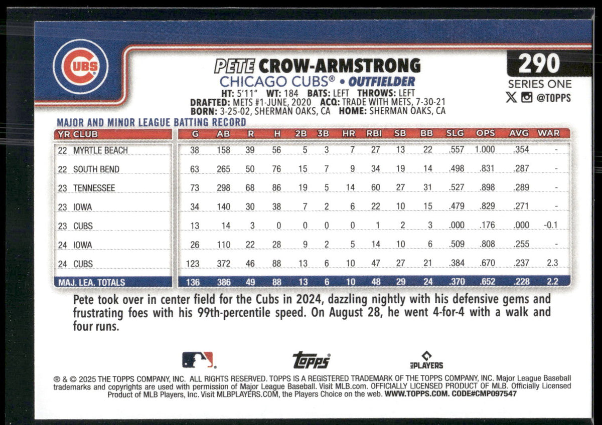 2025 Topps #290 Pete Crow-Armstrong