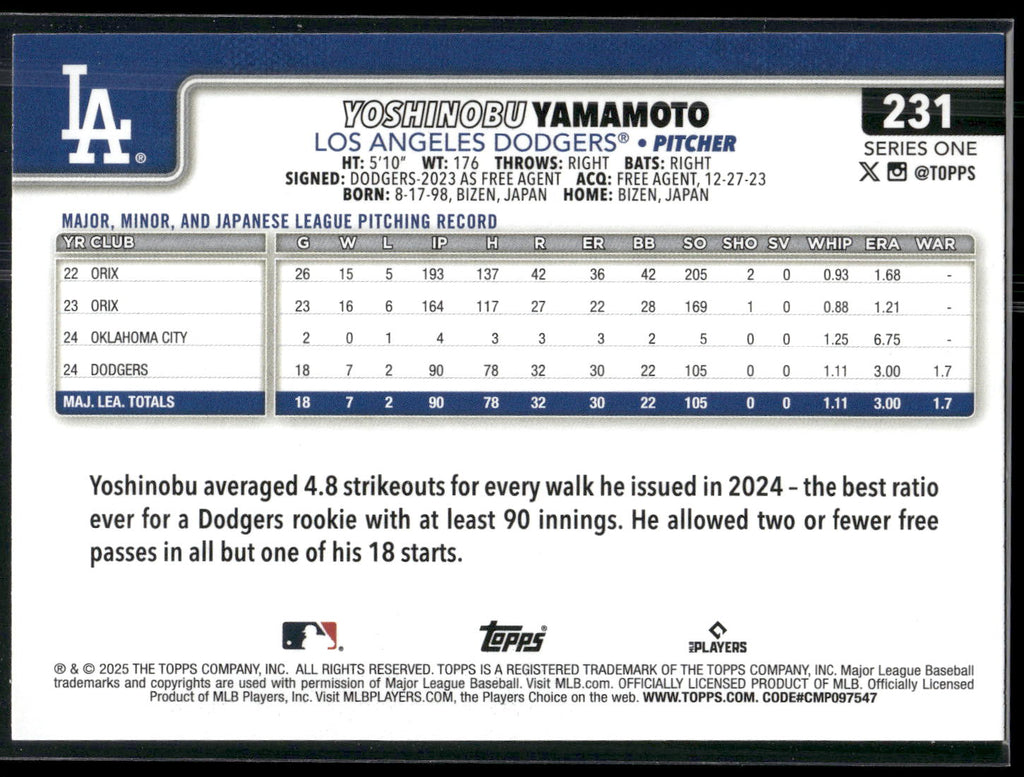 2025 Topps #231 Yoshinobu Yamamoto