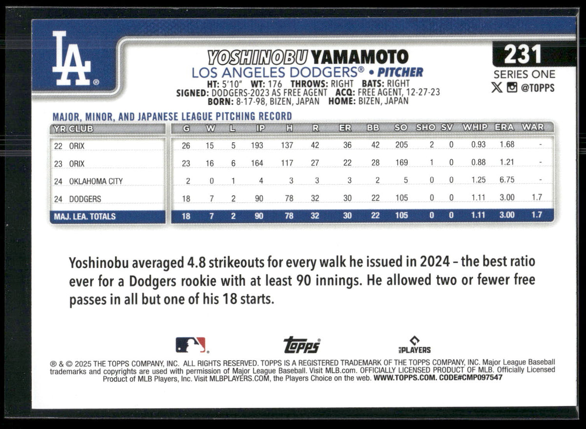 2025 Topps #231 Yoshinobu Yamamoto