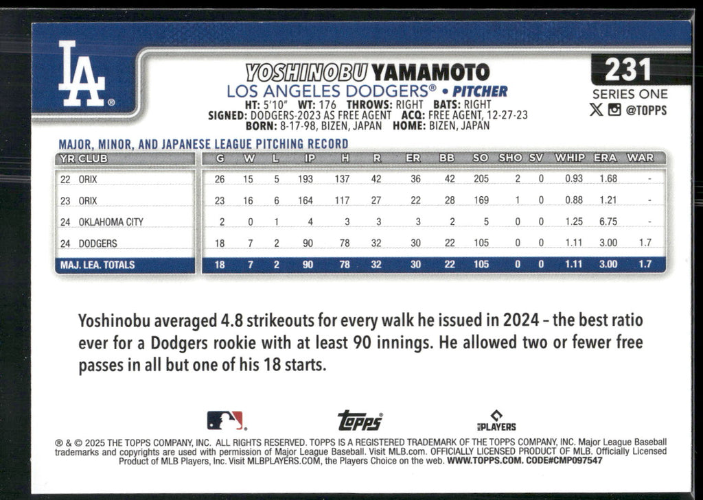 2025 Topps #231 Yoshinobu Yamamoto