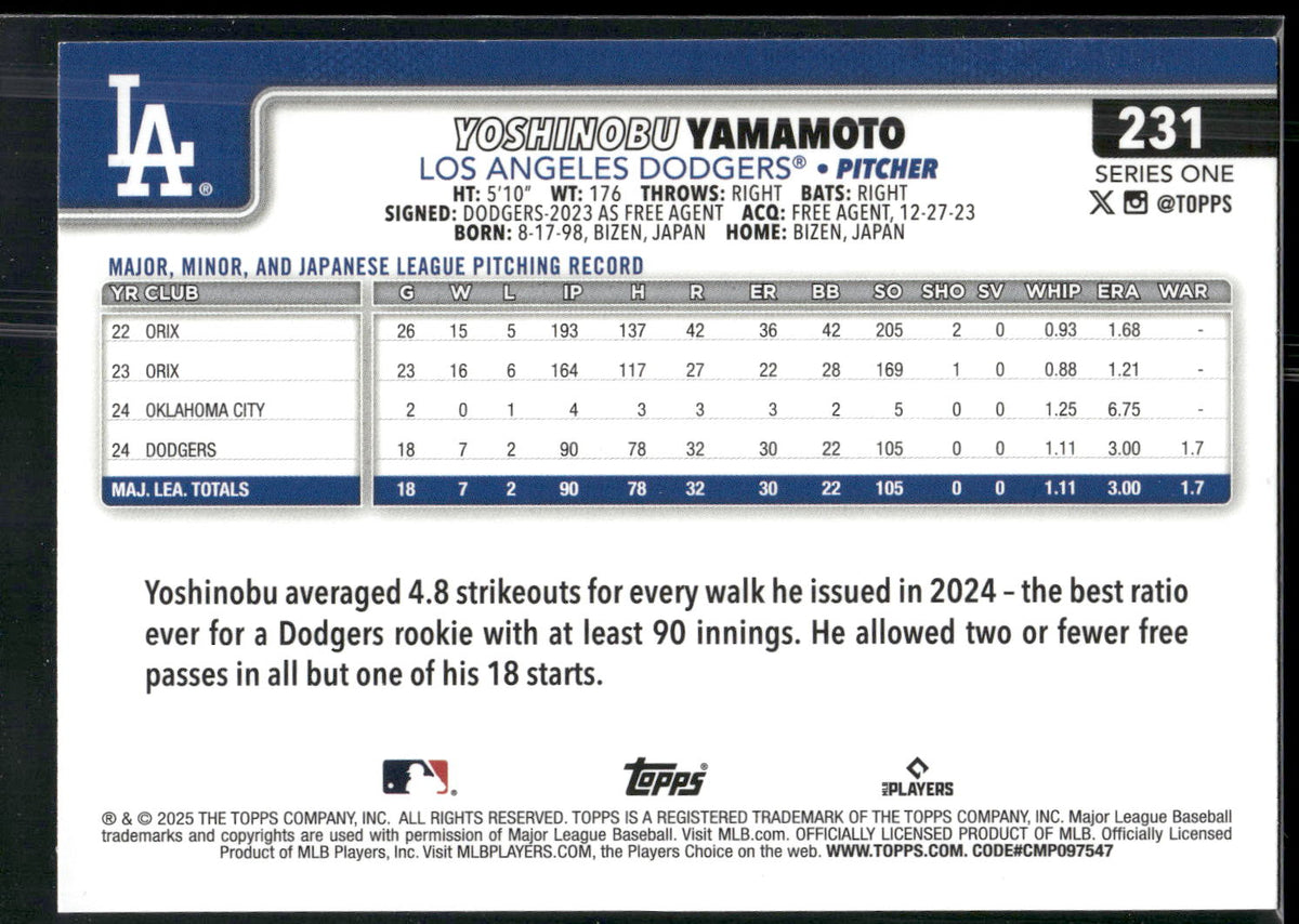 2025 Topps #231 Yoshinobu Yamamoto