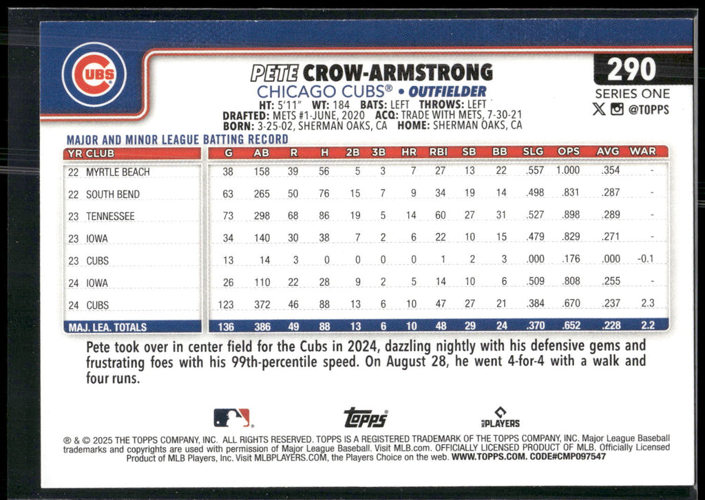 2025 Topps #290 Pete Crow-Armstrong