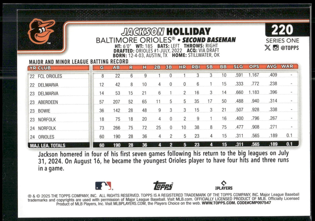 2025 Topps #220 Jackson Holliday