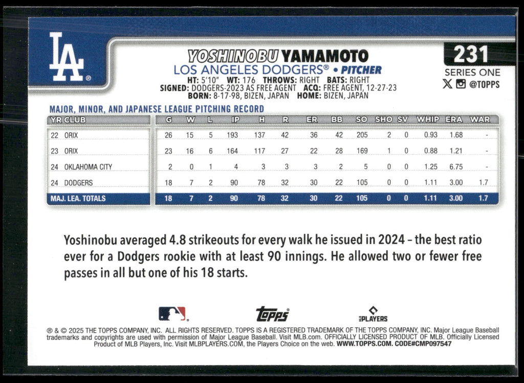2025 Topps #231 Yoshinobu Yamamoto
