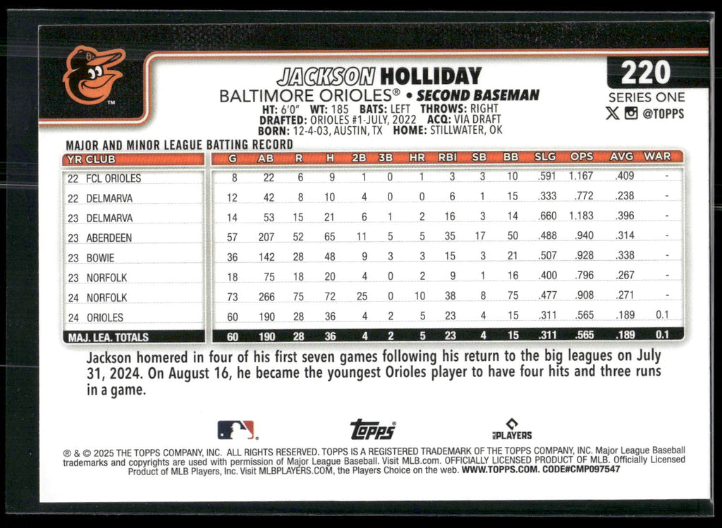 2025 Topps #220 Jackson Holliday