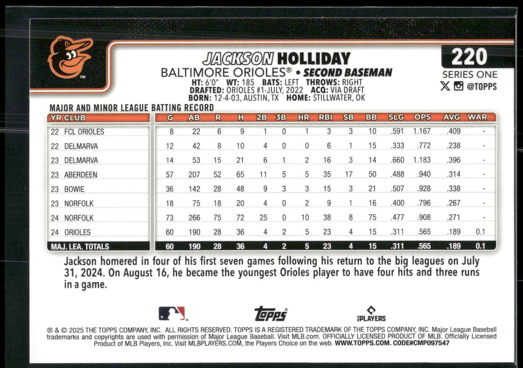 2025 Topps #220 Jackson Holliday