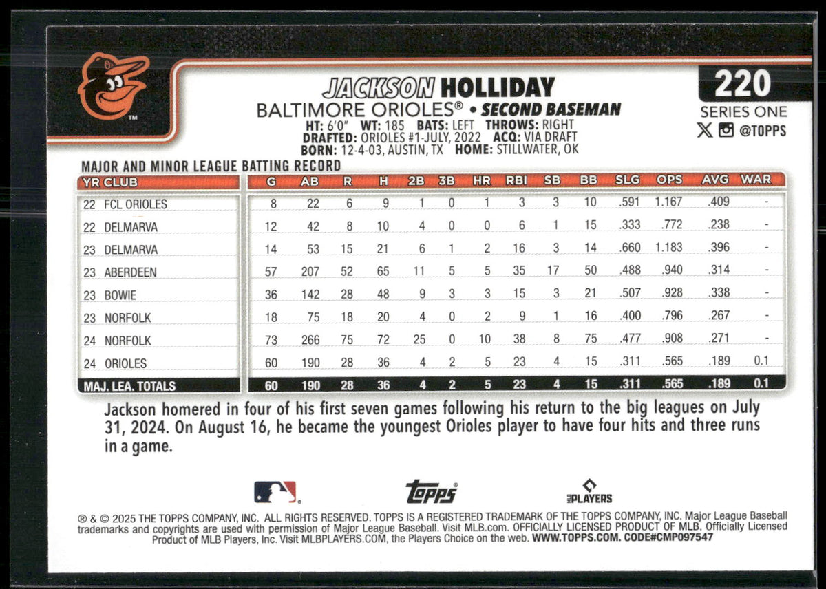 2025 Topps #220 Jackson Holliday