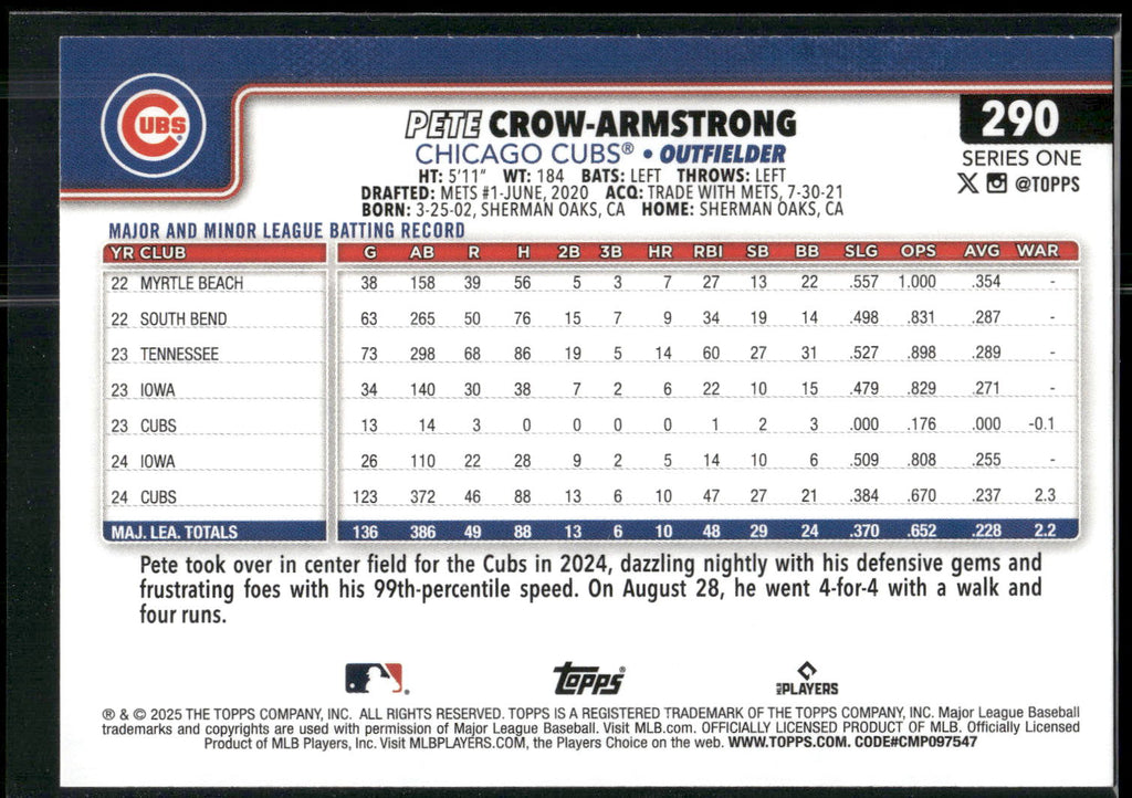 2025 Topps #290 Pete Crow-Armstrong