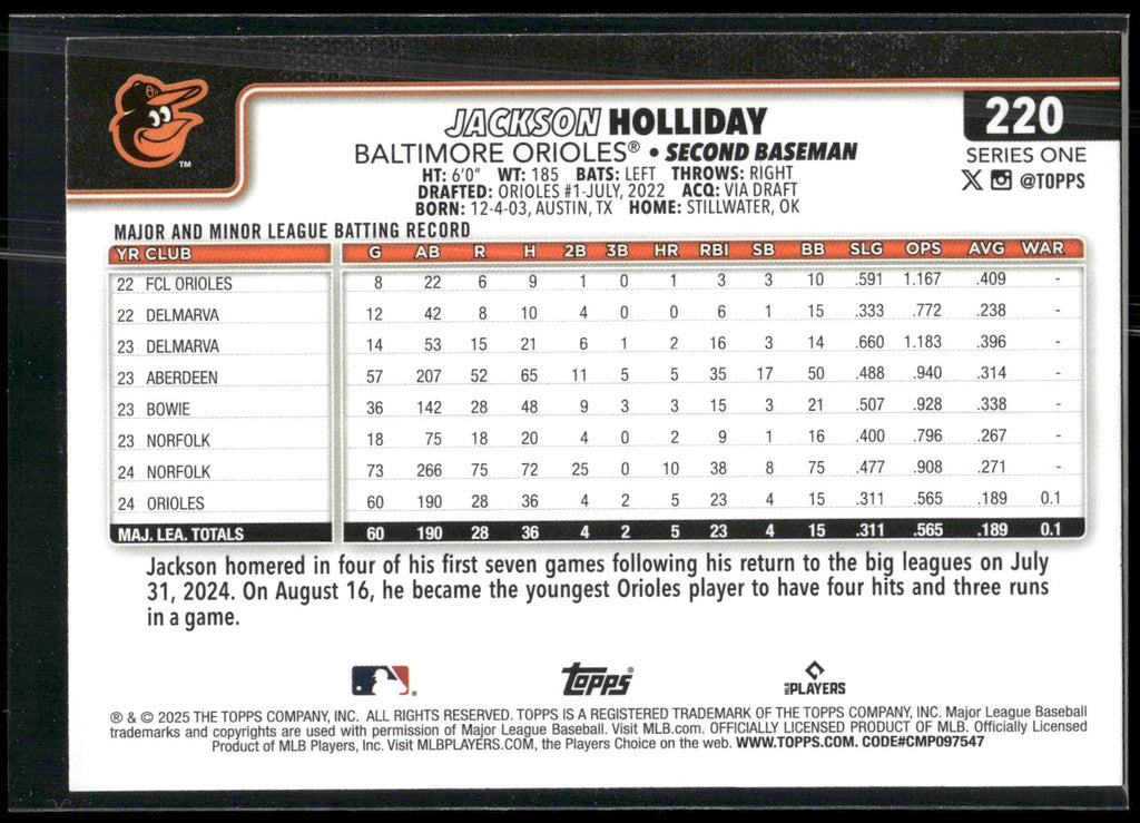 2025 Topps #220 Jackson Holliday