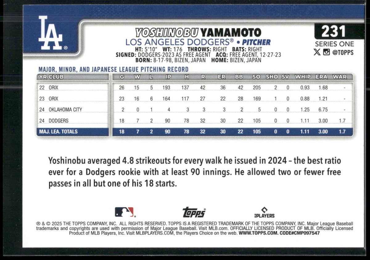 2025 Topps #231 Yoshinobu Yamamoto