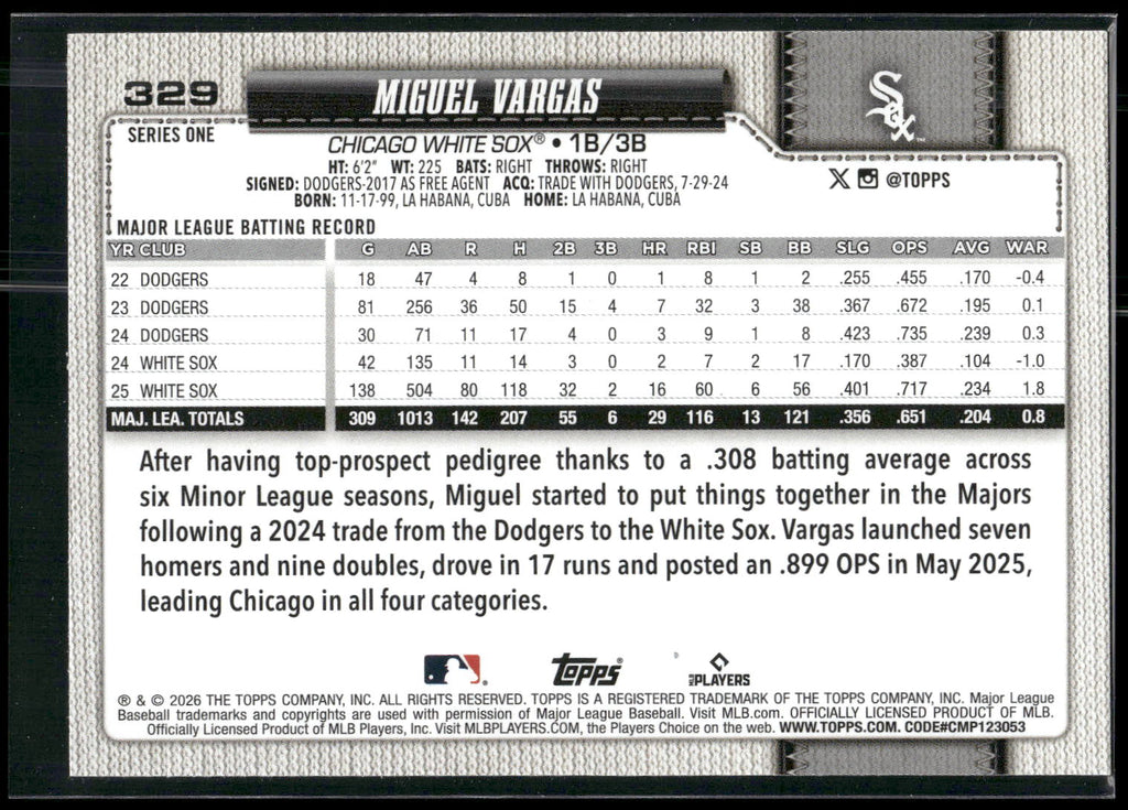 2026 Topps #329 Miguel Vargas