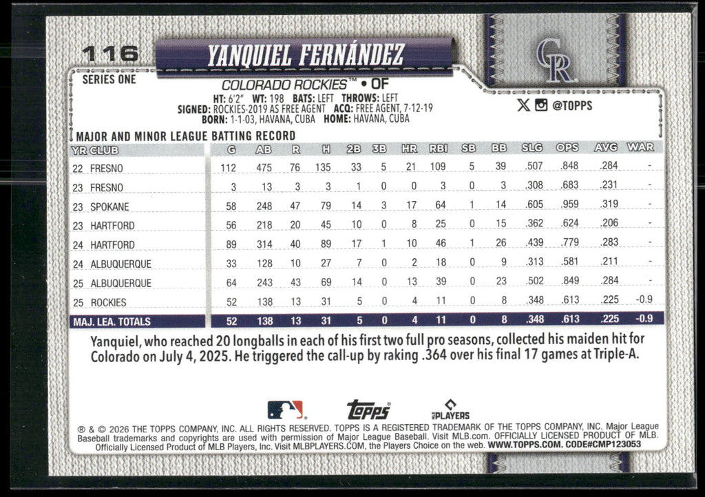 2026 Topps #116 Yanquiel Fernández