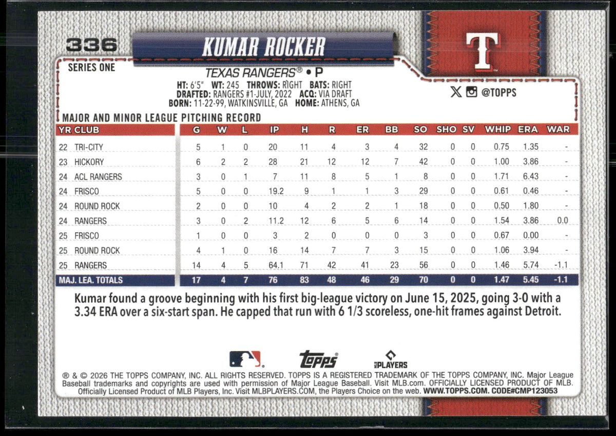 2026 Topps #336 Kumar Rocker