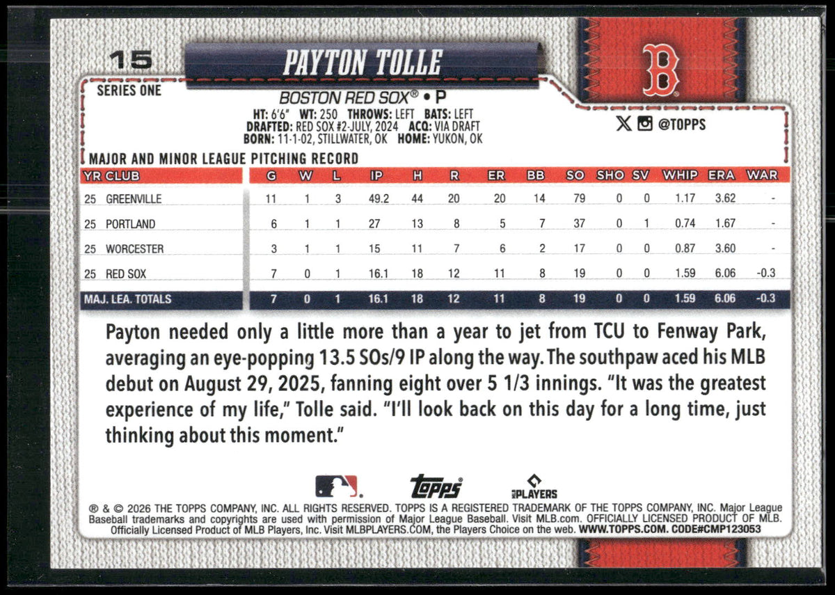2026 Topps #15 Payton Tolle