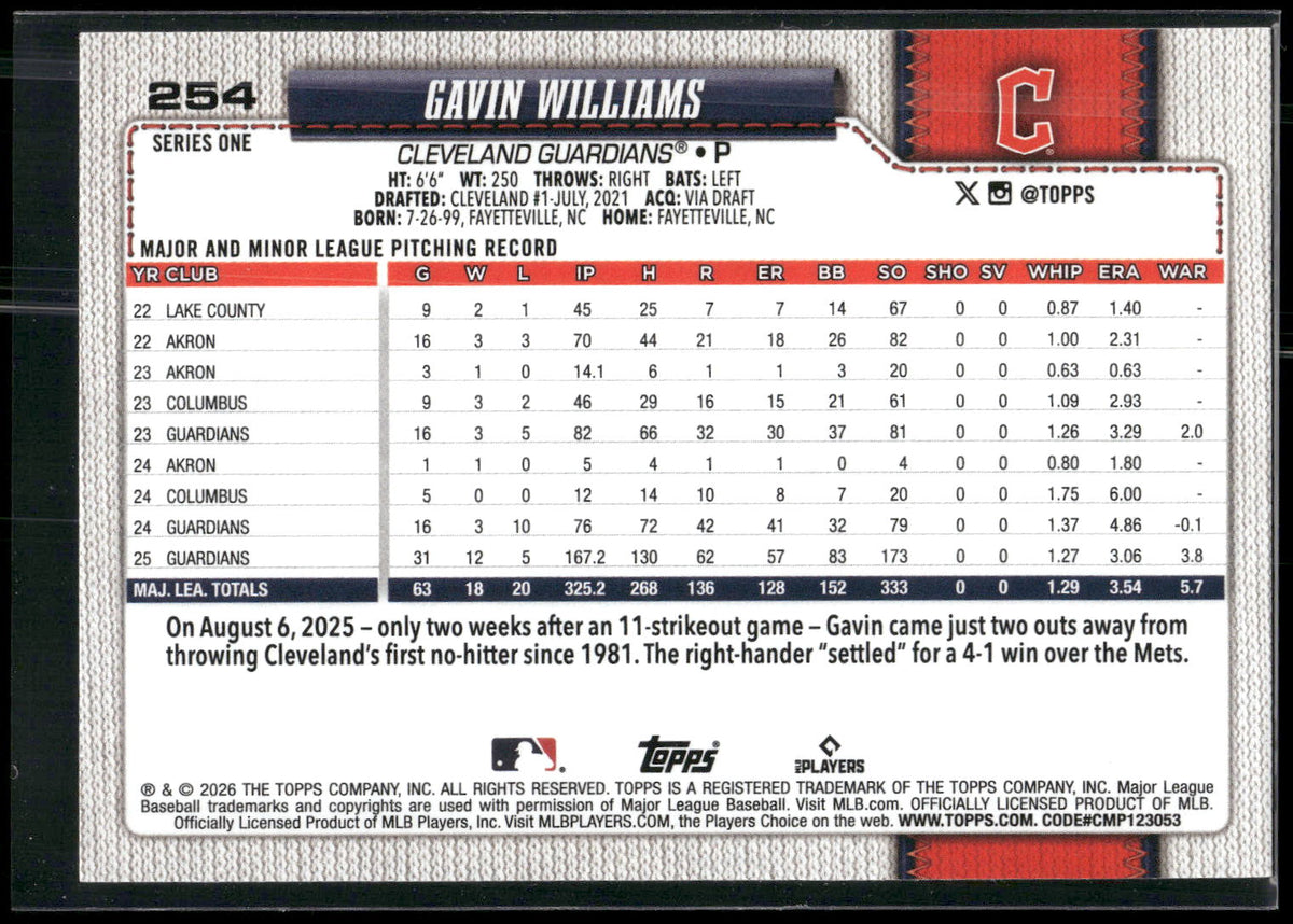 2026 Topps #254 Gavin Williams