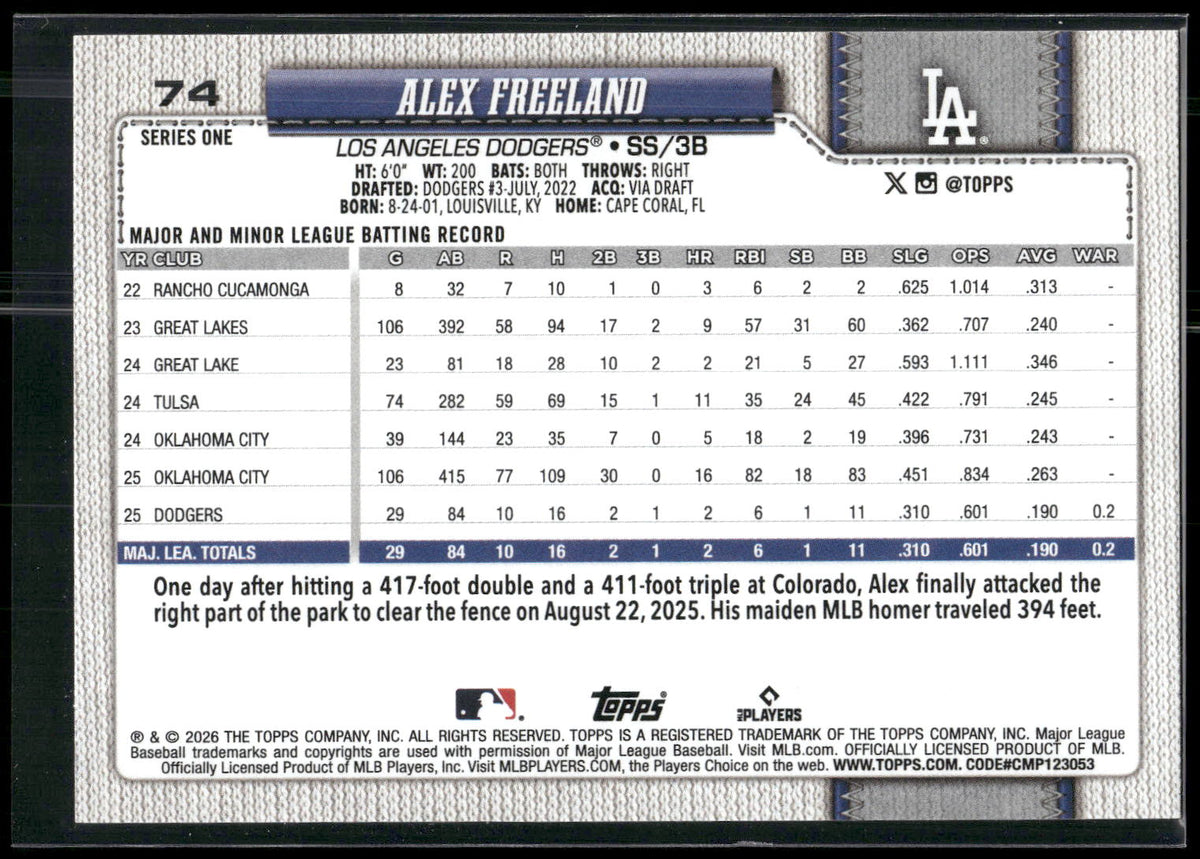 2026 Topps #74 Alex Freeland