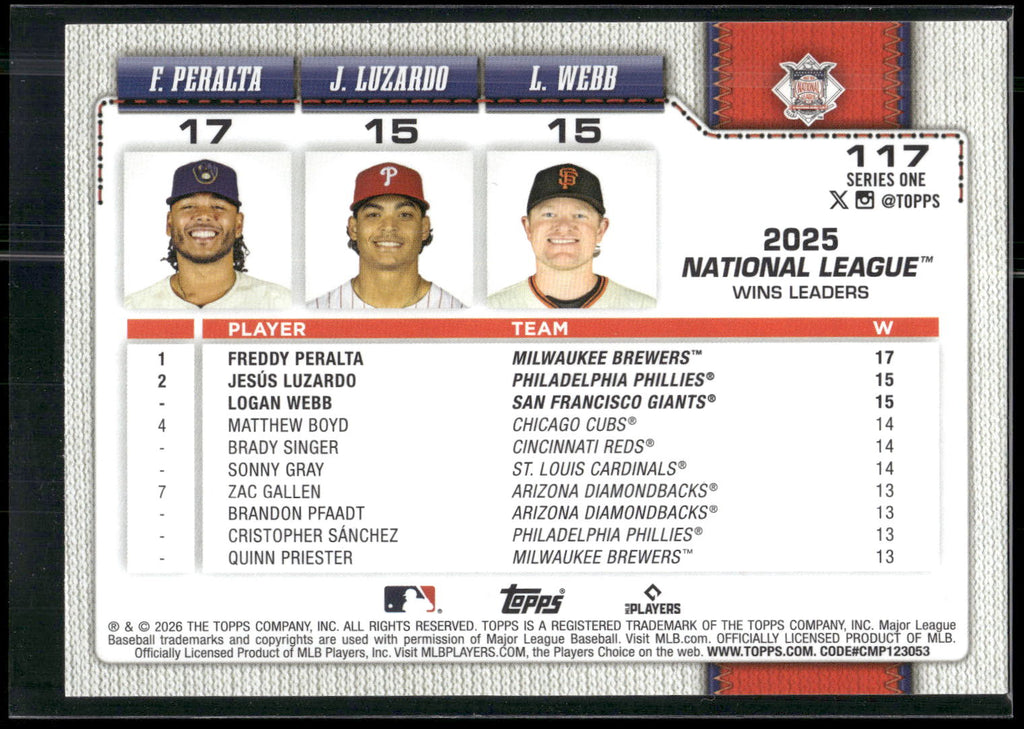 2026 Topps #117 League Leaders (Freddy Peralta / Jesús Luzardo / Logan Webb)