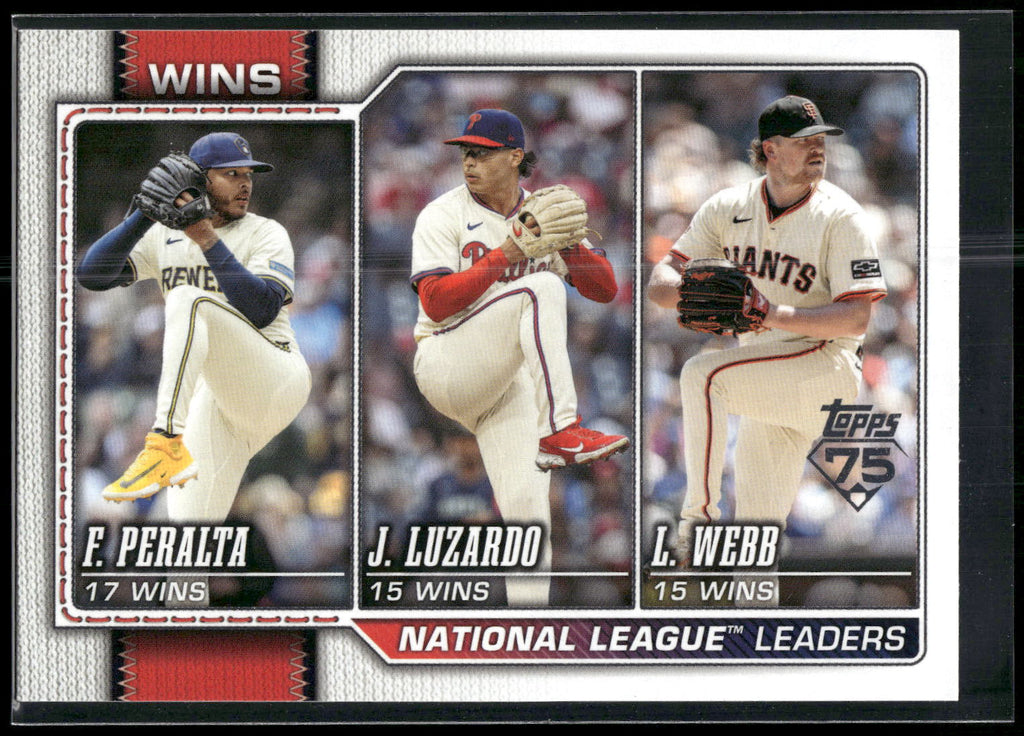 2026 Topps #117 League Leaders (Freddy Peralta / Jesús Luzardo / Logan Webb)