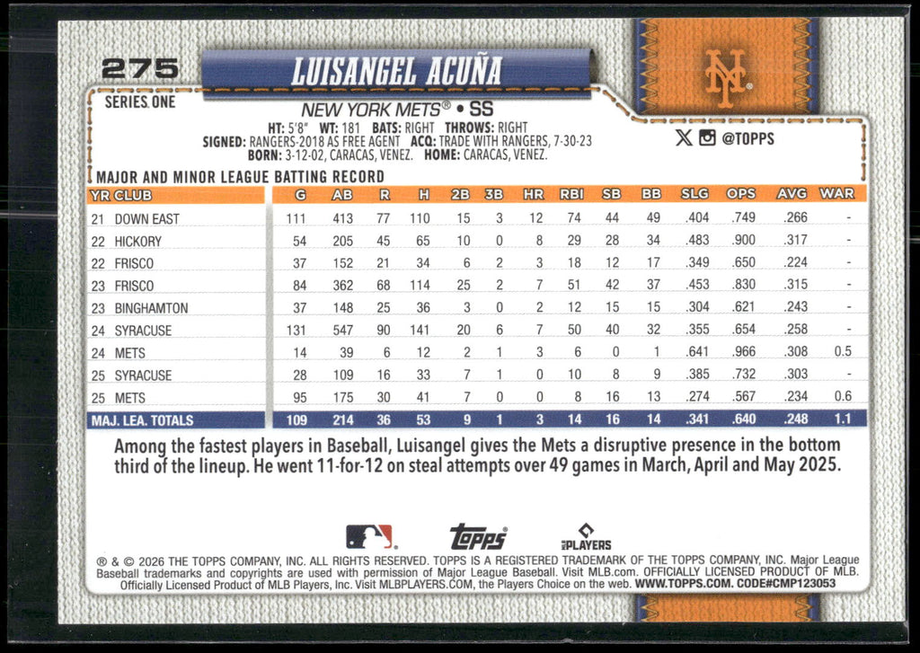 2026 Topps #275 Luisangel Acuña