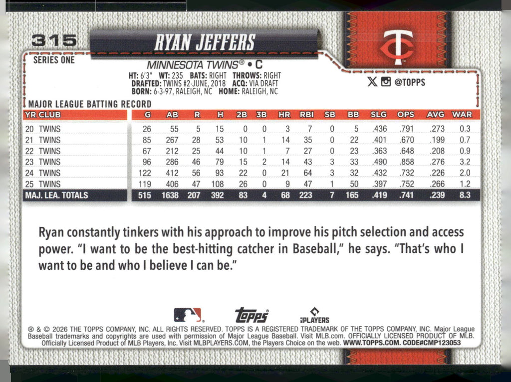 2026 Topps #315 Ryan Jeffers