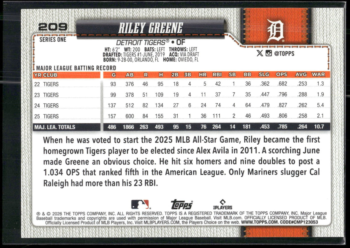 2026 Topps #209 Riley Greene