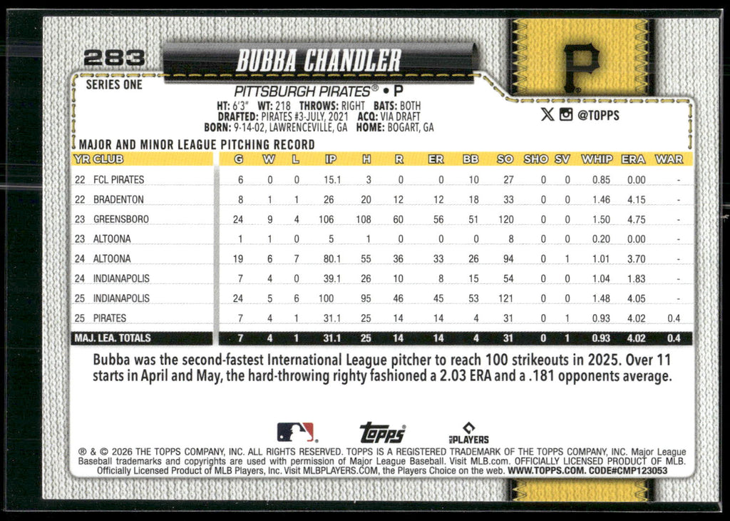 2026 Topps #283 Bubba Chandler