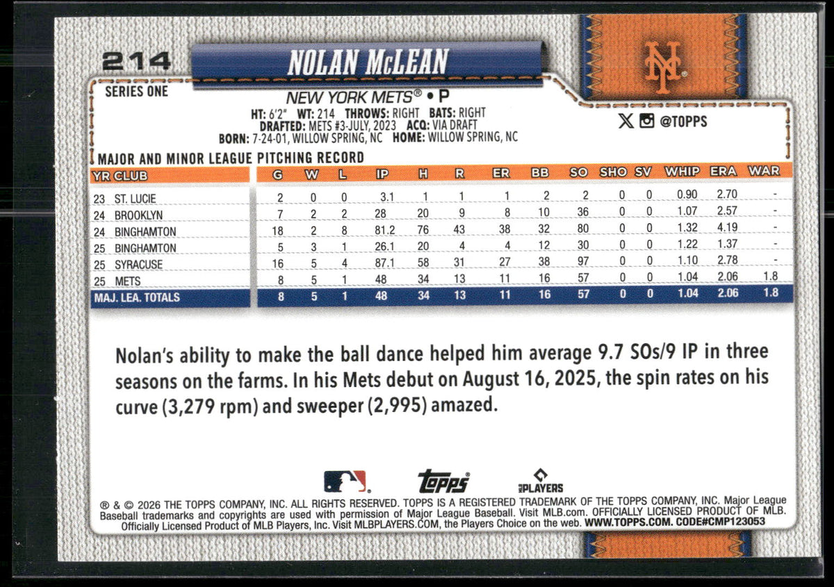 2026 Topps #214 Nolan McLean