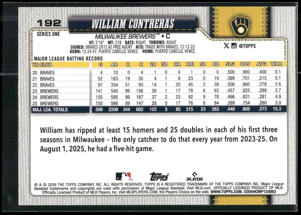 2026 Topps #192 William Contreras