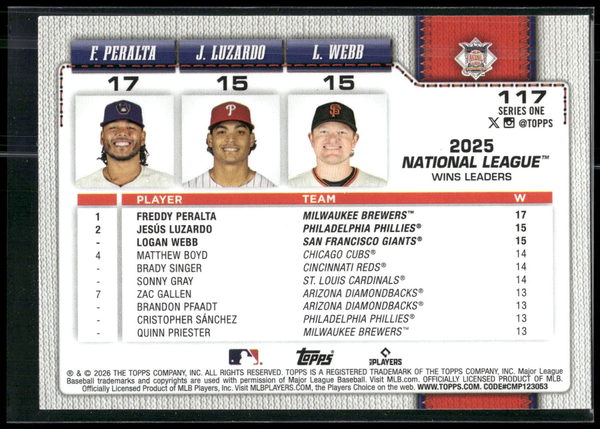 2026 Topps #117 League Leaders (Freddy Peralta / Jesús Luzardo / Logan Webb)