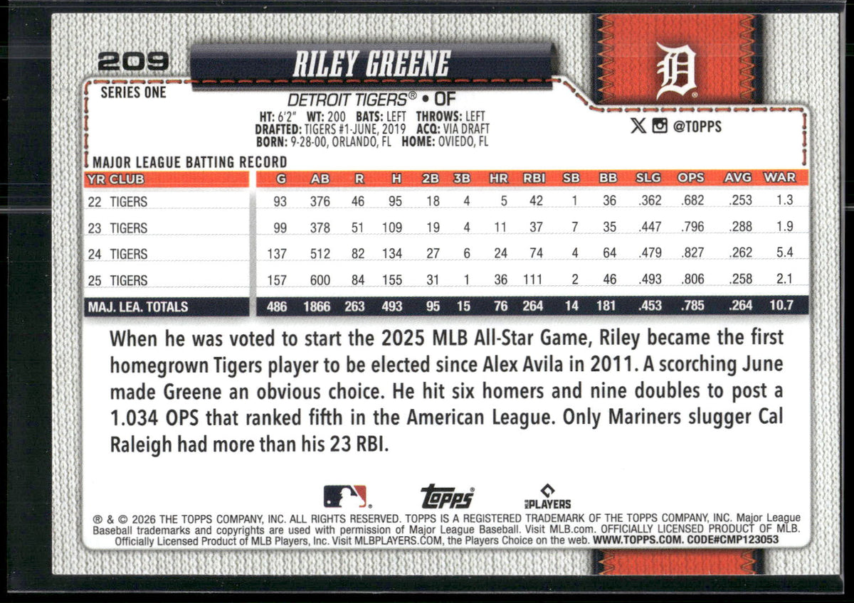 2026 Topps #209 Riley Greene