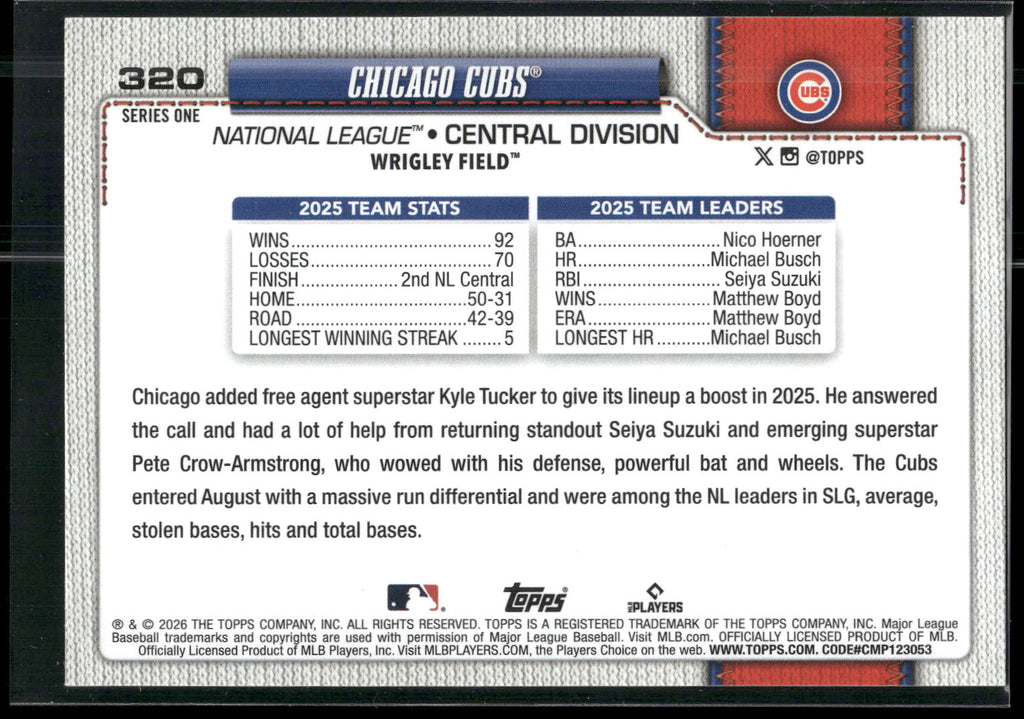 2026 Topps #320 Chicago Cubs