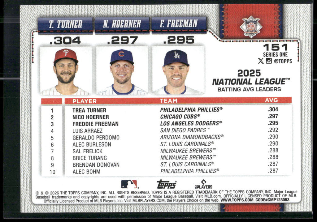 2026 Topps #151 League Leaders (Trea Turner / Nico Hoerner / Freddie Freeman)