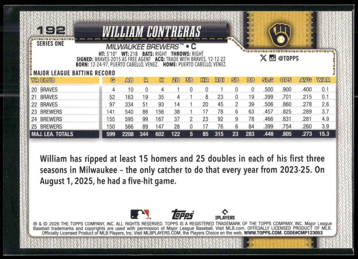 2026 Topps #192 William Contreras