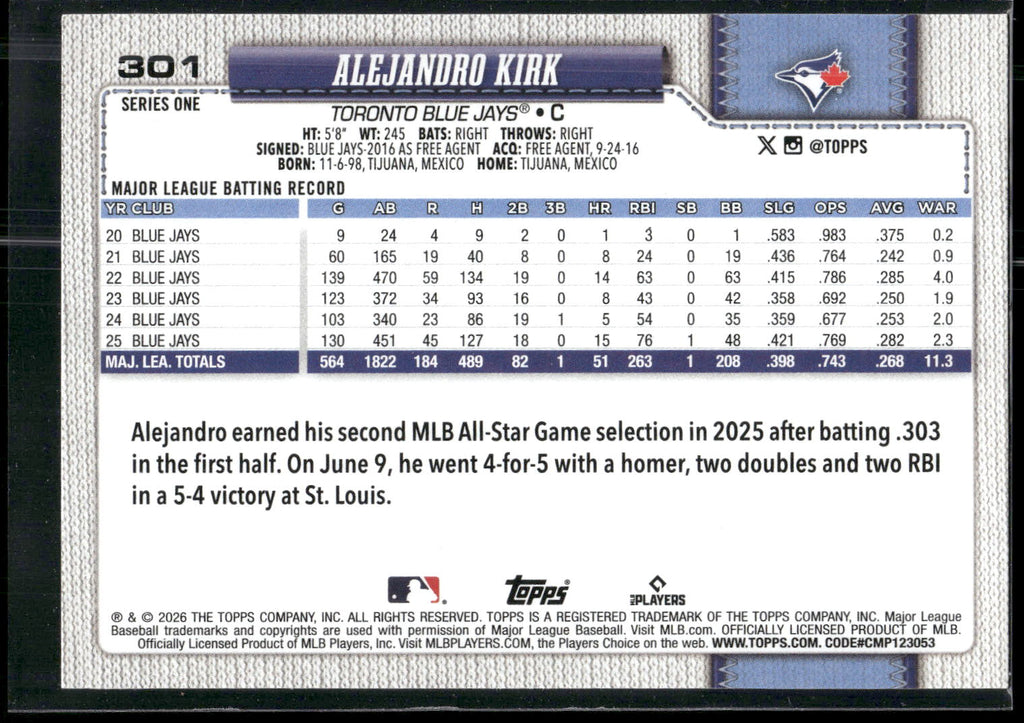 2026 Topps #301 Alejandro Kirk