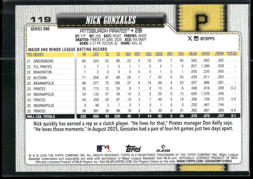2026 Topps #119 Nick Gonzales