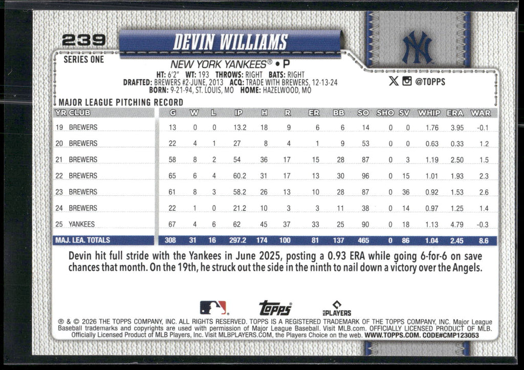 2026 Topps #239 Devin Williams