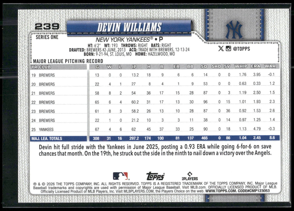 2026 Topps #239 Devin Williams
