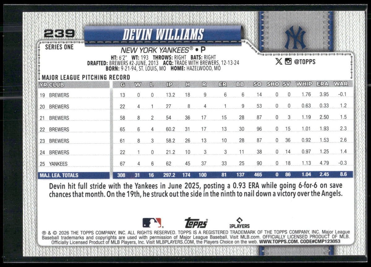 2026 Topps #239 Devin Williams