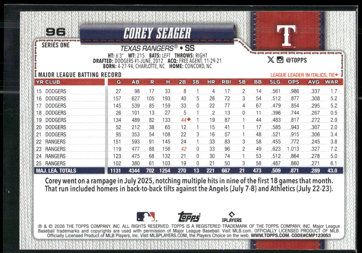 2026 Topps #96 Corey Seager