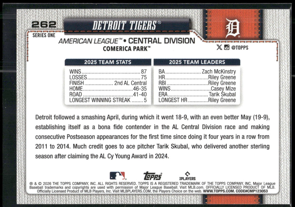 2026 Topps #262 Detroit Tigers
