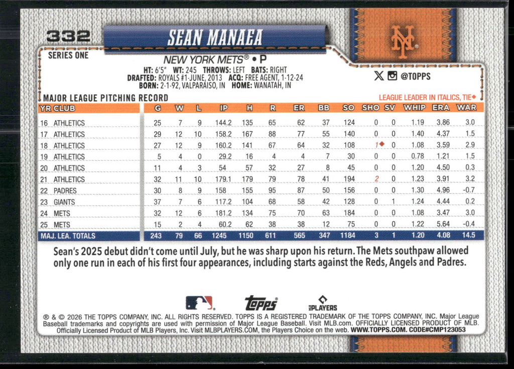 2026 Topps #332 Sean Manaea