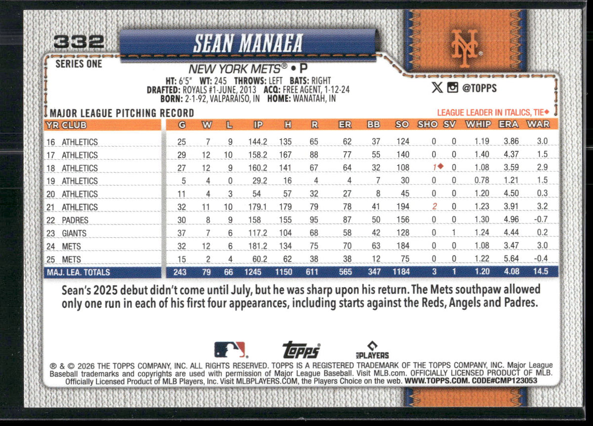 2026 Topps #332 Sean Manaea