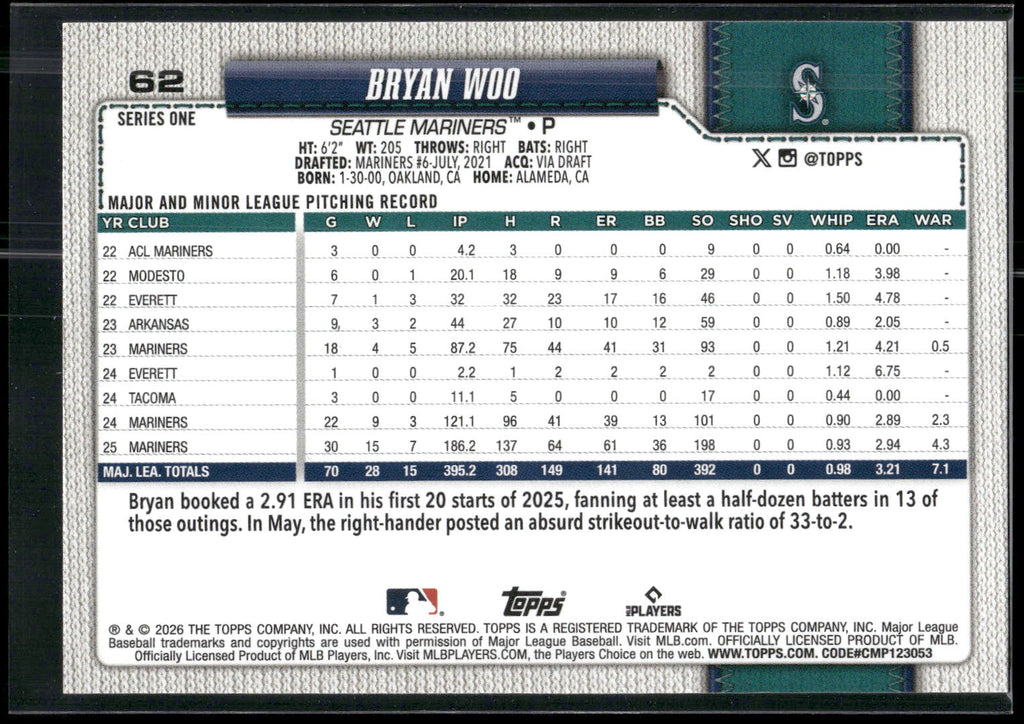 2026 Topps #62 Bryan Woo