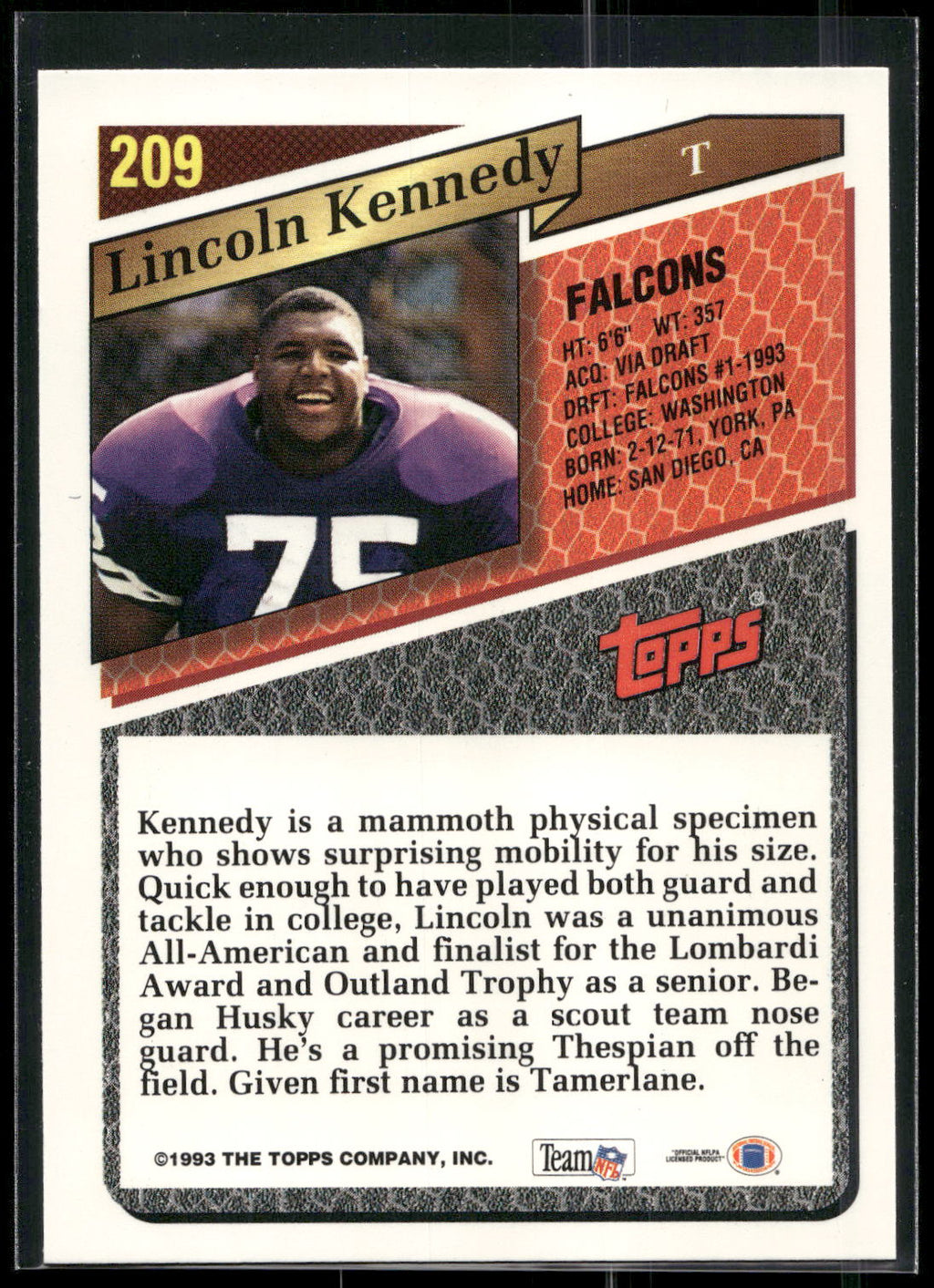 1993 Topps #209 Lincoln Kennedy