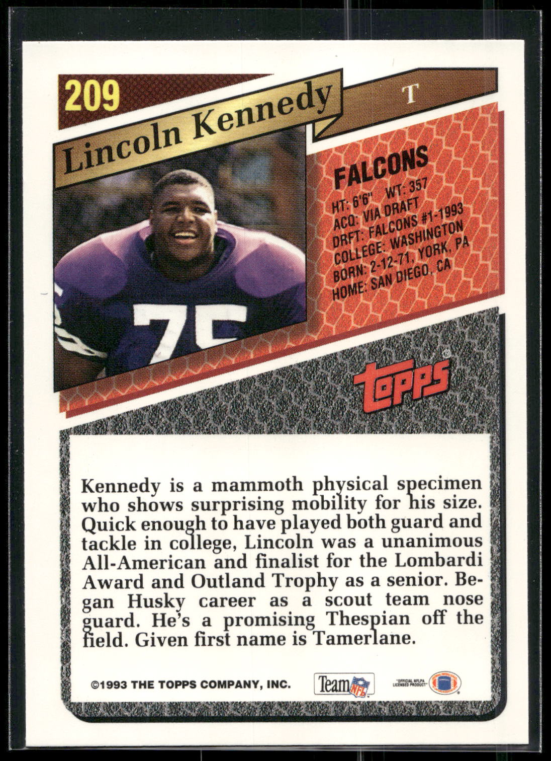 1993 Topps #209 Lincoln Kennedy